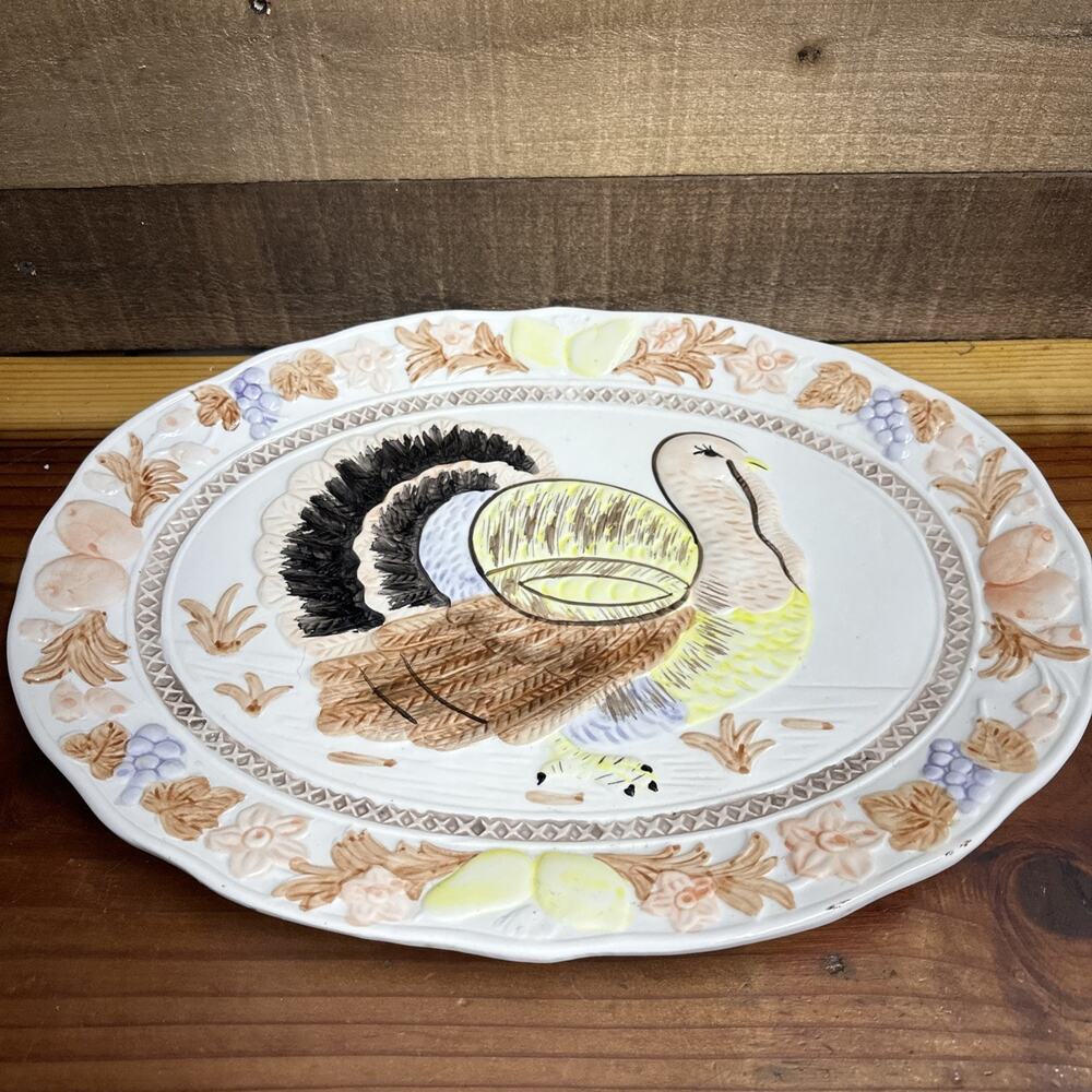 Vintage Mid Century Japan Large Ceramic Turkey Platter Thanksgiving 18x14”